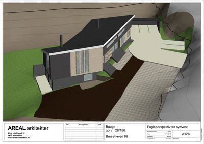 3D-visualisering (rendering) av en husfasade sett fra et vinklet perspektiv, med tegningsboks nederst.