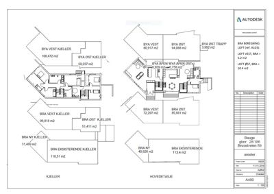 Etasjeplaner (kjeller og hovedetasje) med romfordeling og arealoppsett.