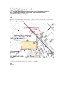 Situasjonsplan som viser tomtegrenser, avstander til nabobygg (30 m FORBUDSSONE), og orientering av bygning.