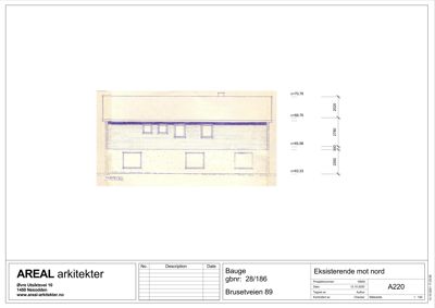 Fasadetegning av en eksisterende bygning sett mot nord, med høydeangivelser.