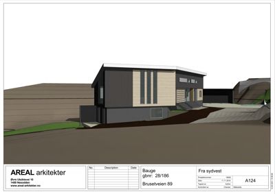 Fasadetegning som viser bygningens utseende sett fra sydvest.