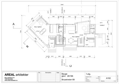 Etasjeplan (1.etg) som viser romfordeling, arealer og dimensjoner for en bolig.