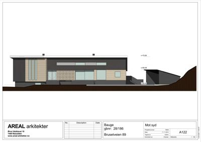 Fasadetegning som viser bygningens utseende sett fra sør (Mot syd), inkludert høydeangivelser og terrengforhold.