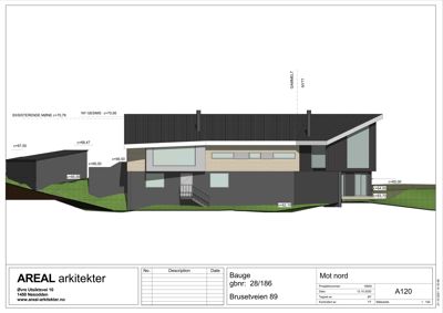 Fasadetegning som viser bygningens utseende sett fra nord, med høydemålinger og arkitektoniske detaljer.