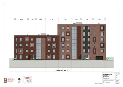 Fasadetegning (opprikk) av bygningen 'Hus 9' sett fra øst, med mål og detaljer.