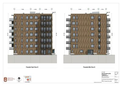 Fasadetegning som viser bygningens utseende fra syd og øst, inkludert mål og detaljer.