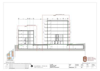 Snittegning som viser tverrsnittet av to bygninger (Hus 7 og Hus 8) med detaljer om etasjer, høyder og romfordeling.