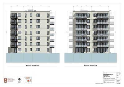 Tegning som viser fasadeoppsettet for to sider av en bygning (Nord og Vest).