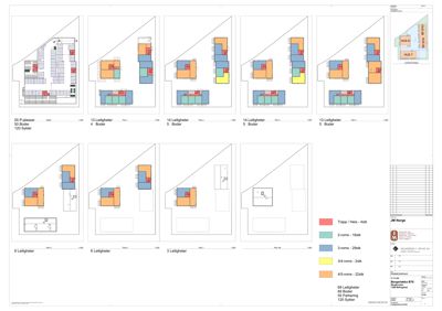 Etasjeplan som viser romfordeling og leilighetsoppdeling i et bygg.