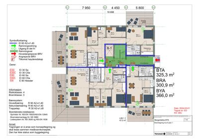 Etasjeplan (plan 1) av en bolig med romfordeling, dimensjoner, symbolforklaring og brannklassifisering.