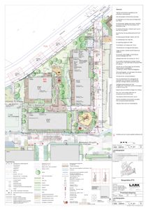Landskapsplan som viser tomtens situasjon, beplantning, terrengform og plassering av bygninger.