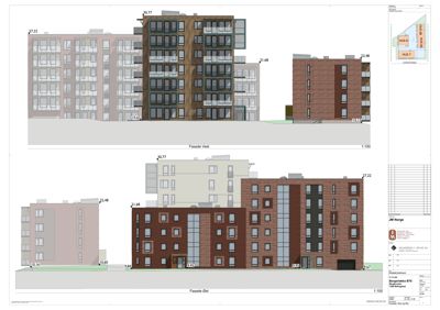Fasadetegning som viser bygningens utseende fra vest og øst, inkludert høydemål og fasadeforhold.