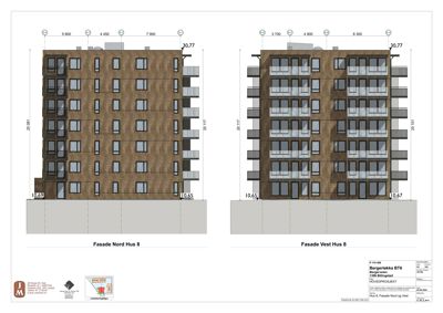 Tegning som viser fasadeoppsettet for to sider av et hus (Nord og Vest).
