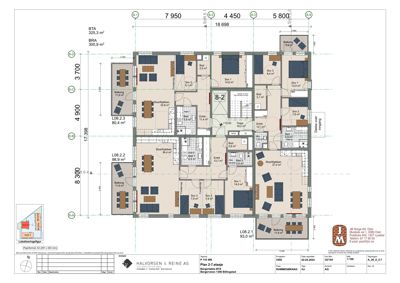 Etasjeplan (Plan 2-7 etasje) som viser romfordeling, mål og funksjoner for leilighetene i et bygg.
