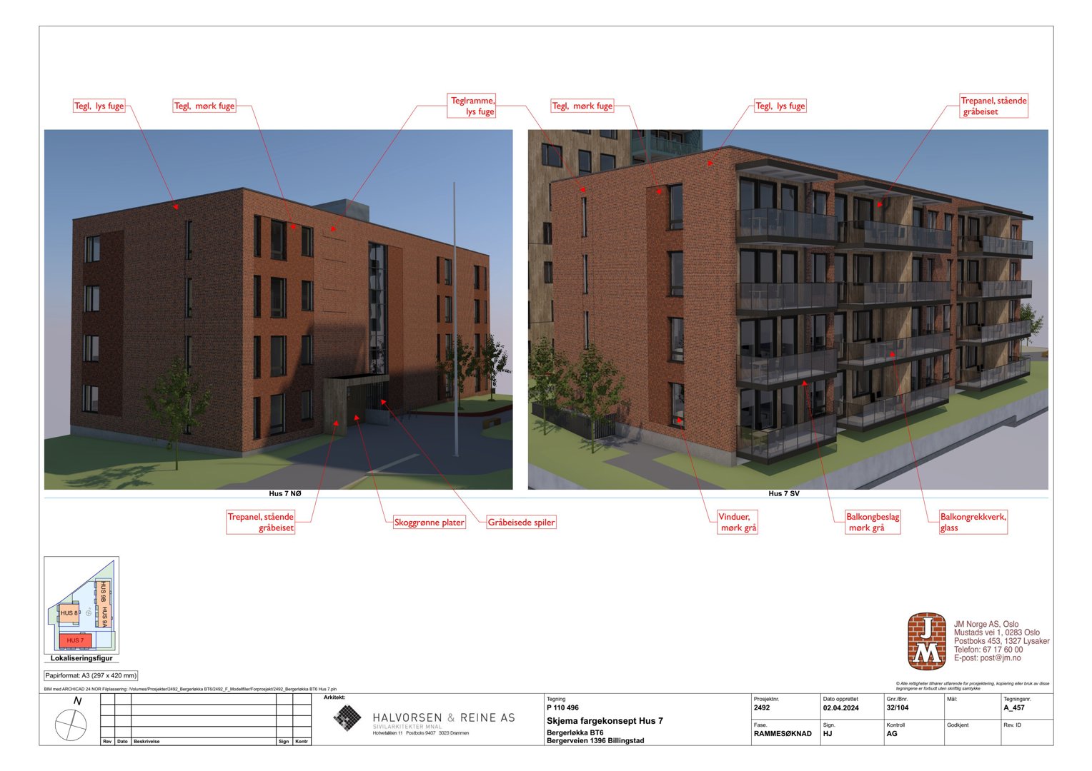 3D-visualisering (rendering) av et hus med fargekonsept og detaljerte annotasjoner om materialer og farger.