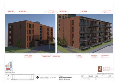 3D-visualisering (rendering) av et hus med fargekonsept og detaljerte annotasjoner om materialer og farger.