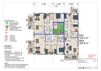 Etasjeplan (BTA) med romfordeling, arealoppdelinger og symbolforklaring for brannsystemer.