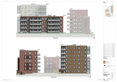 Fasadetegning som viser bygningens utseende fra nord og syd, inkludert høydemål og fasadenummerering.