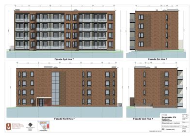 Fasadetegning som viser utsiden av 'Hus 7' sett fra fire sider (Nord, Sør, Øst og Vest).