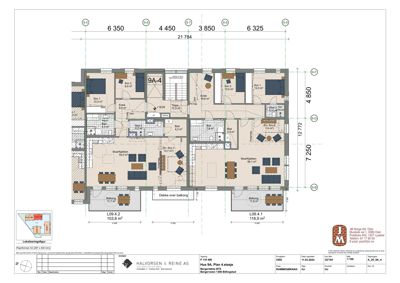 Etasjeplan for 4. etasje i Hus 9A, som viser romfordeling, mål og areal for leilighetene.