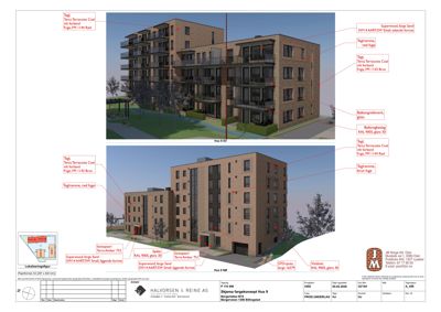 3D-visualisering (rendering) av fasade og fargekonsept for bygget 'Hus 9'.
