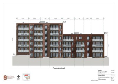 Fasadetegning (opprikk) av bygningens vestside, med mål og detaljer.