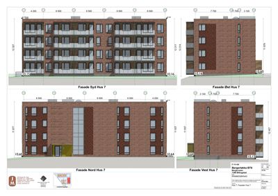 Fasadetegning som viser utsiden av 'Hus 7' sett fra fire ulike sider (Nord, Sør, Øst og Vest). Tegningen inneholder mål, vindusoppsett og materialvalg.