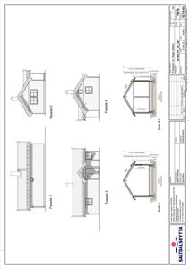 Fasadetegning med oppriss av bygningens fire sider (Fasade 1-4) og to snitt (Snitt A og Snitt A2).