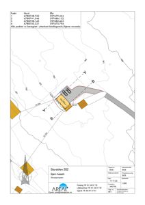 Situasjonsplan som viser bygningens plassering på tomt med angitte avstander til naboeiendommer og koordinater for hjørnepunkter.