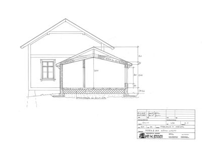 Snittegning som viser tverrsnittet av en bygning med etasjer, takkonstruksjon og fundament.
