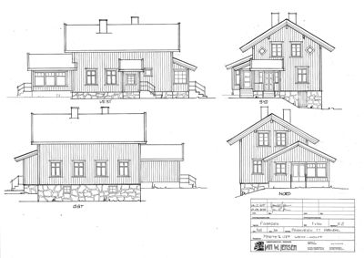 Fasadetegning som viser bygningens utsyn fra fire sider (Vest, Syd, Øst, Nord).