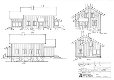 Fasadetegning som viser bygningens utsyn fra fire sider: Vest, Syd, Øst og Nord.