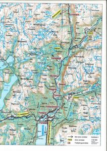 Kart over et geografisk område med topografi, vannveier, veier og stednavn.