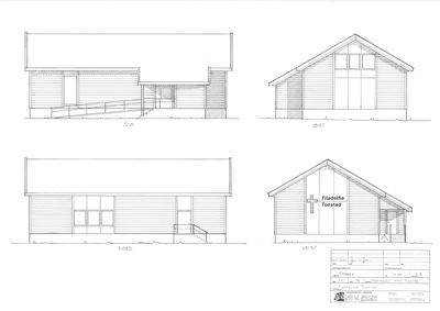 Fasadetegning som viser bygningens utseende fra fire ulike retninger (SØ, ØST, NORD, VEST).