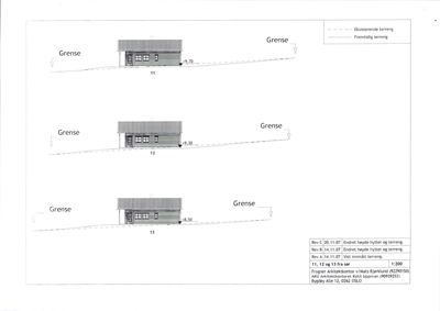 Fasadetegning som viser tre ulike hytter (11, 12 og 13) sett fra front, med angivelse av høyde over terreng og terrengforhold.