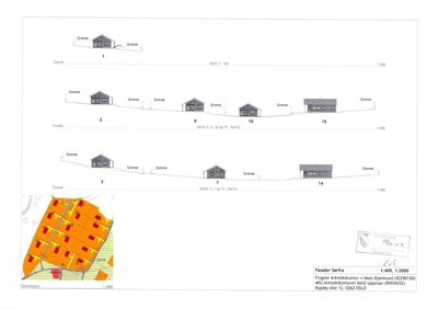 Fasadetegninger for en rekke hytter (1, 2, 3, 6, 7, 14, 15, 16) med angitte mål og grenser, samt en situasjonsplan for området.