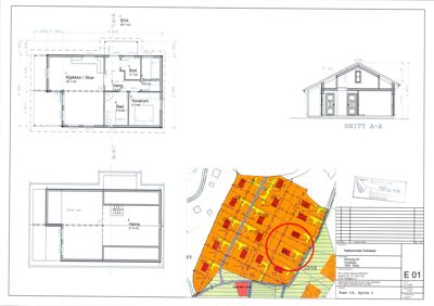 Bildet viser en samling tegninger fra en byggesak, inkludert etasjeplaner (Kjkken/Stue, Bod, Soverom, Bad), et snitt (SNITT A-A) og en situasjonsplan med tomtedeling.
