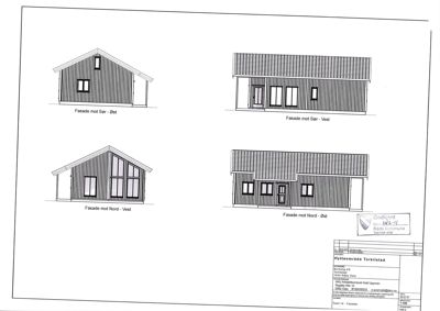 Fasadetegninger som viser bygningens utseende fra fire ulike vinkler (Sør-Øst, Sør-Vest, Nord-Vest og Nord-Øst).