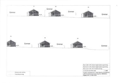 Fasadetegning som viser oppriss av hytter (11-15) sett fra siden, med angitte høyder og terrengforhold.