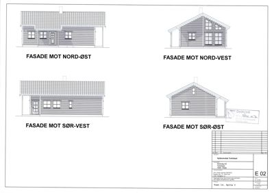 Fasadetegning som viser bygningens utseende fra fire ulike retninger (Nord-Øst, Nord-Vest, Sør-Vest og Sør-Øst).