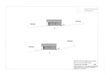 Fasadetegning som viser to hytter (nr. 14 og 15) sett fra siden, med angivelse av grenser, høyder og terrengforhold.