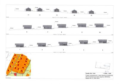 Fasadetegning som viser oppriss av flere hytter (1-15) sett fra øst mot vest, med en situasjonsplan i nederste venstre hjørne.