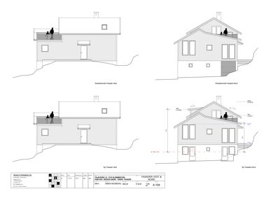 Fasadetegning som viser eksisterende og planlagt fasade for en bygning.