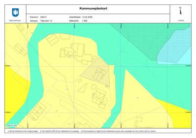 Kommuneplankart som viser eiendomsgranser, bebyggelse og arealbruk i et område.