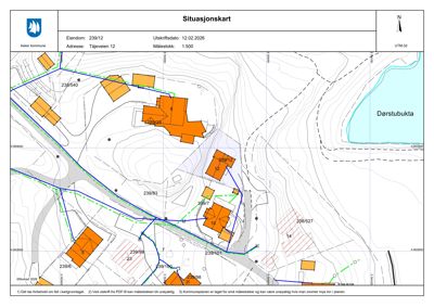 Situasjonskart som viser eiendomsgrenser, topografi og naboeiendommer.