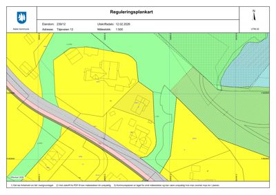 Reguleringsplankart som viser eiendomsinndeling, arealbruk og bygningsplassering i et område.