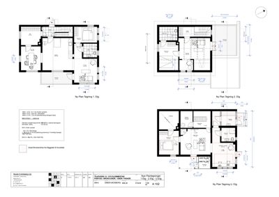 Bildet viser etasjeplaner (Ny Plan Tegning 1. Etg, Ny Plan Tegning 2. Etg, Ny Plan Tegning U. Etg) med romfordeling og mål.