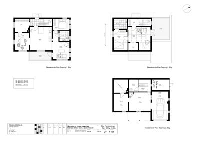 Bildet viser tre eksisterende etasjeplan (1. Etg, 2. Etg, U. Etg) for en bygning. Det er tegninger som viser romfordeling og veggkonstruksjoner.