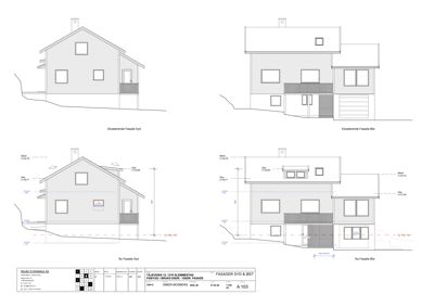Fasadetegning som viser bygningens utseende fra flere vinkler (Syd, Øst, Ny Syd, Ny Øst) med mål og detaljer.