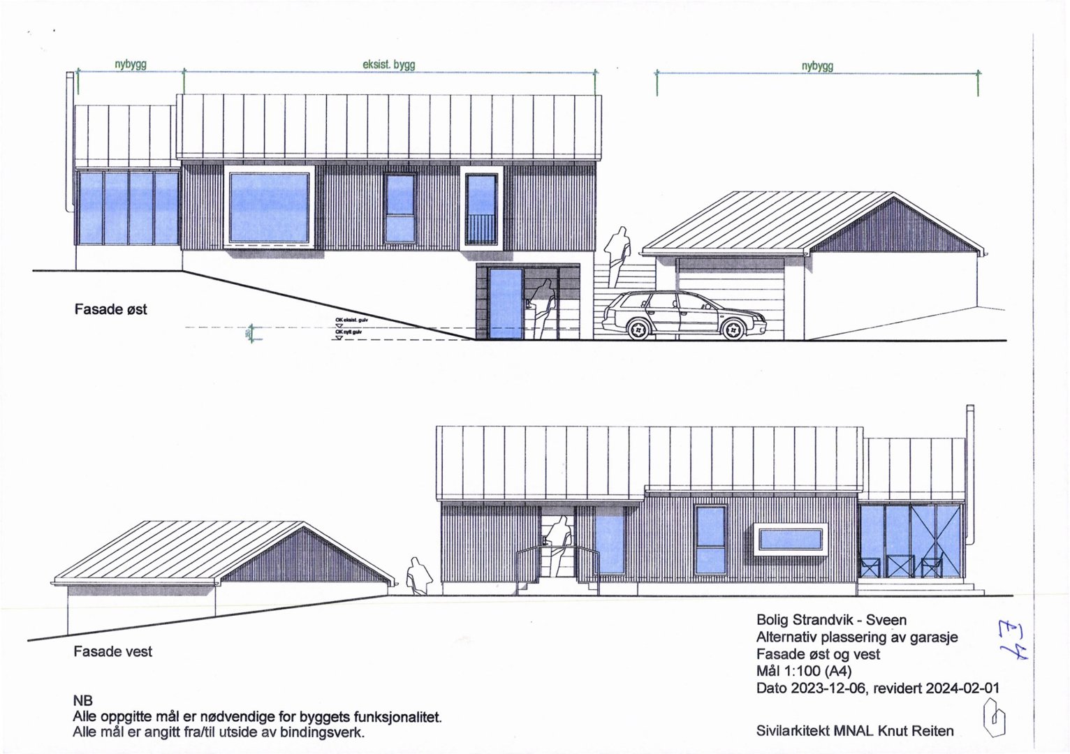 Fasadetegning som viser oppriss av bygningens øst- og vestside med detaljer om vinduer, dører og takform.